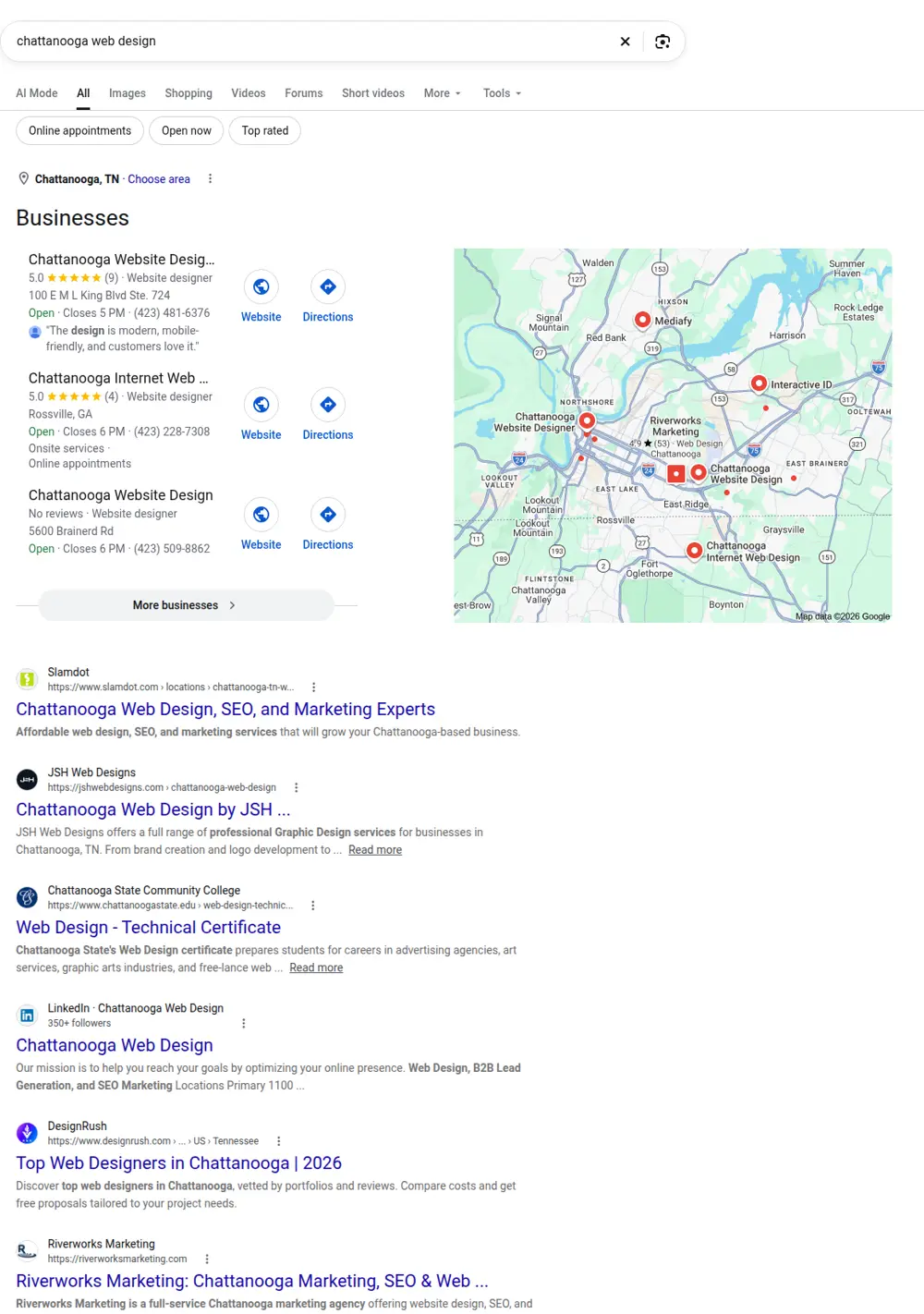 Top Google results for chattanooga web design, searched from Chattanooga, Tennessee