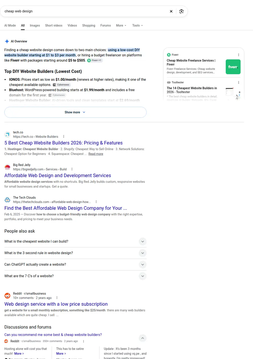 Top Google results for cheap web design, searched from United States