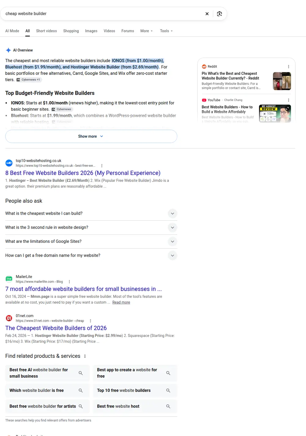 Top Google results for cheap website builder, searched from United States