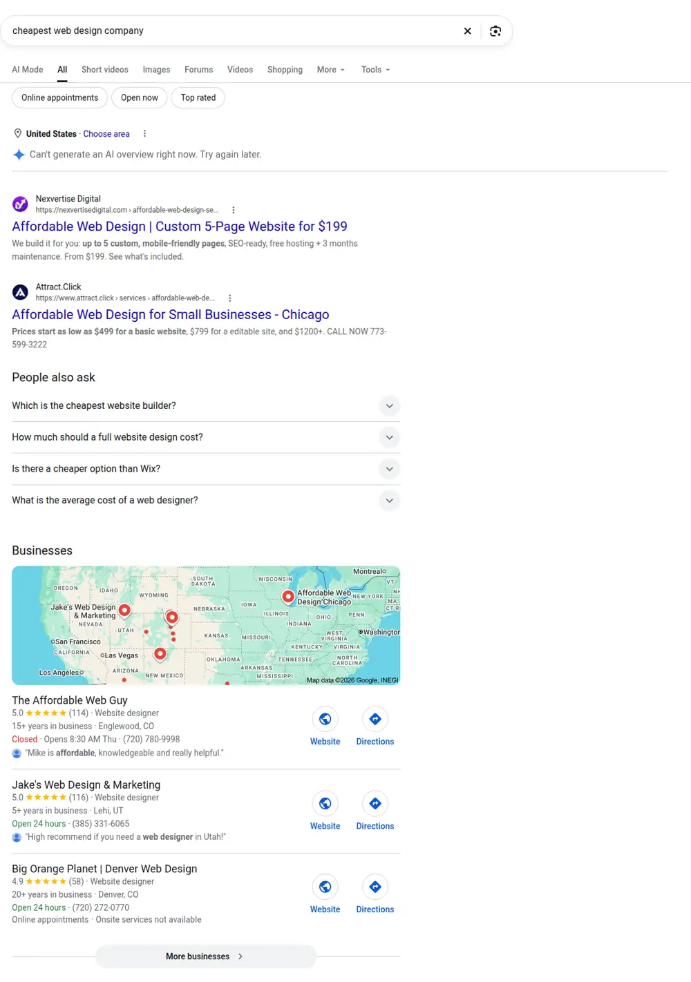 Top Google results for cheapest web design company, searched from United States