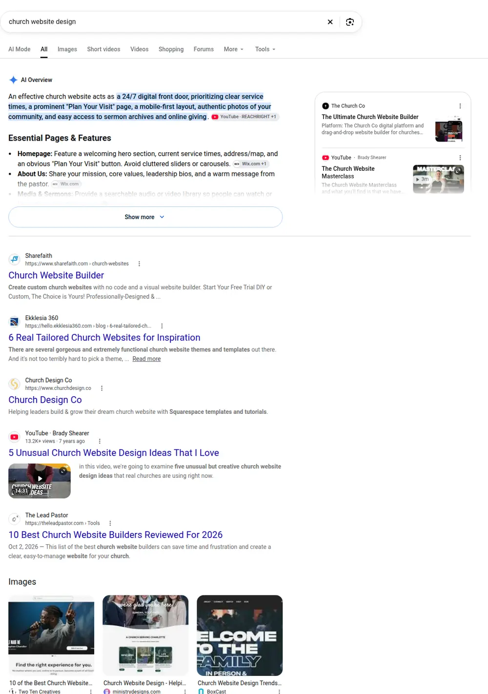 Top Google results for church website design, searched from United States