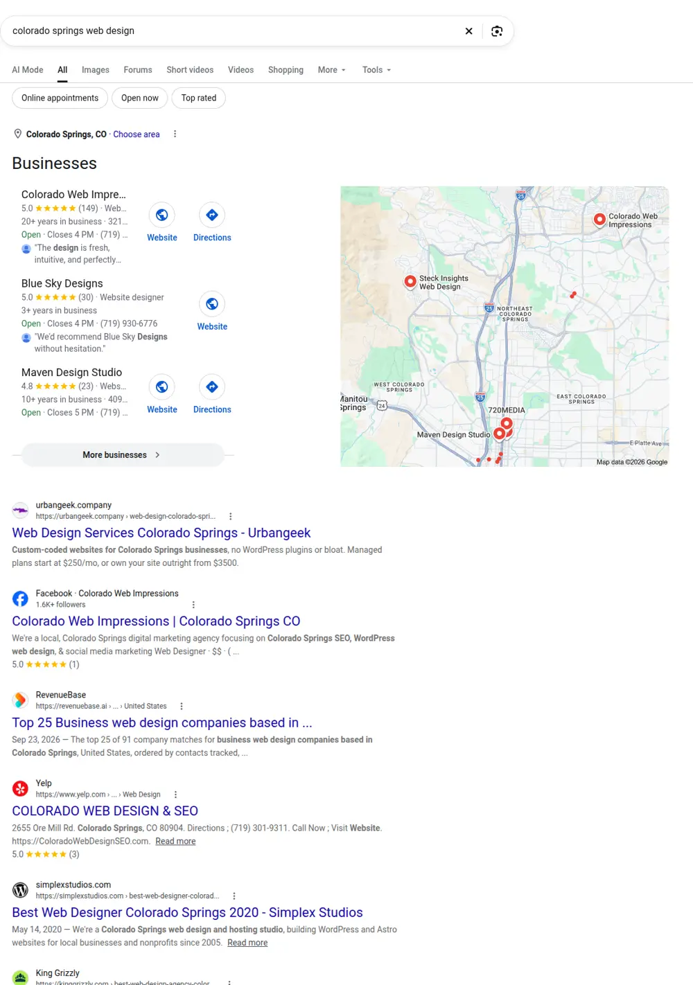 Top Google results for colorado springs web design, searched from Colorado Springs, Colorado