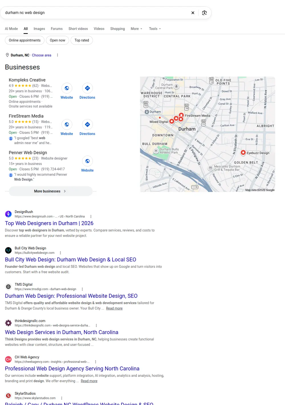 Top Google results for durham nc web design, searched from Durham, North Carolina