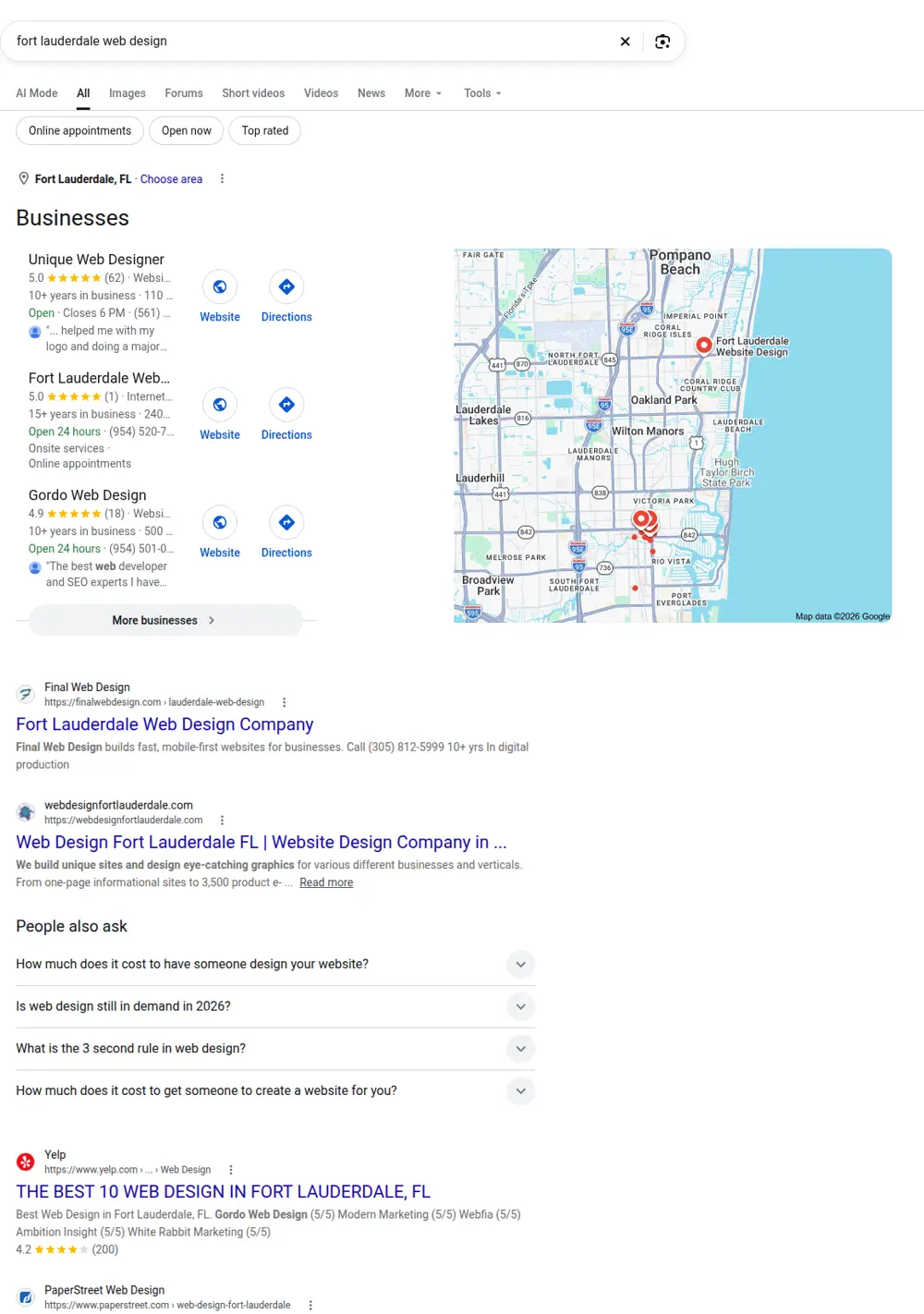 Top Google results for fort lauderdale web design, searched from Fort Lauderdale, Florida