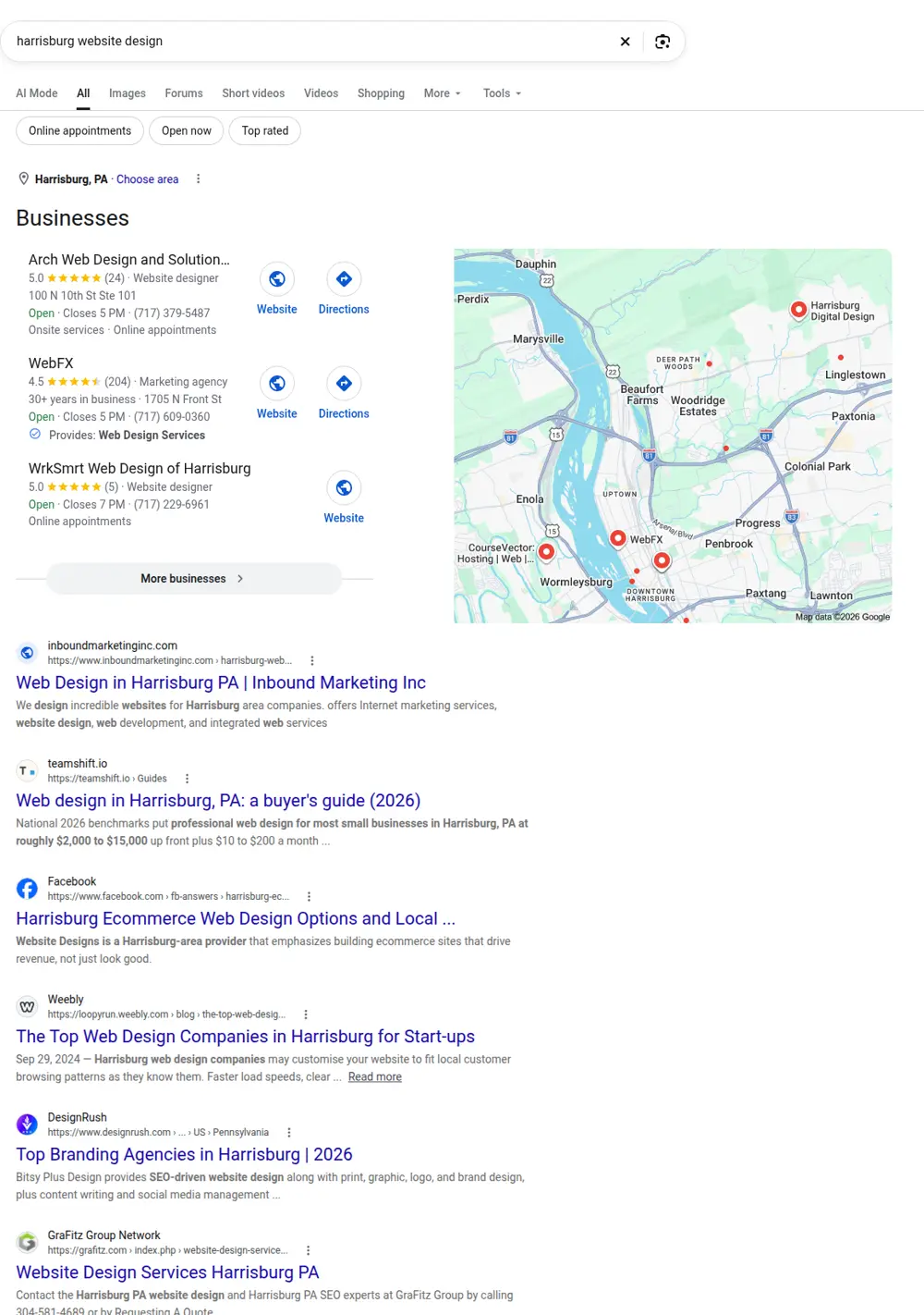 Top Google results for harrisburg website design, searched from Harrisburg, Pennsylvania