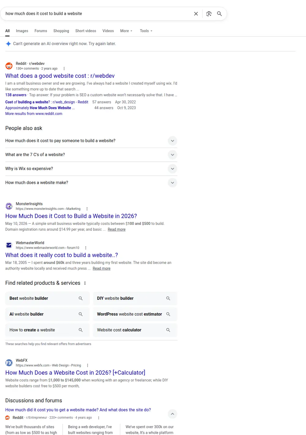 Top Google results for how much does it cost to build a website, searched from the United States