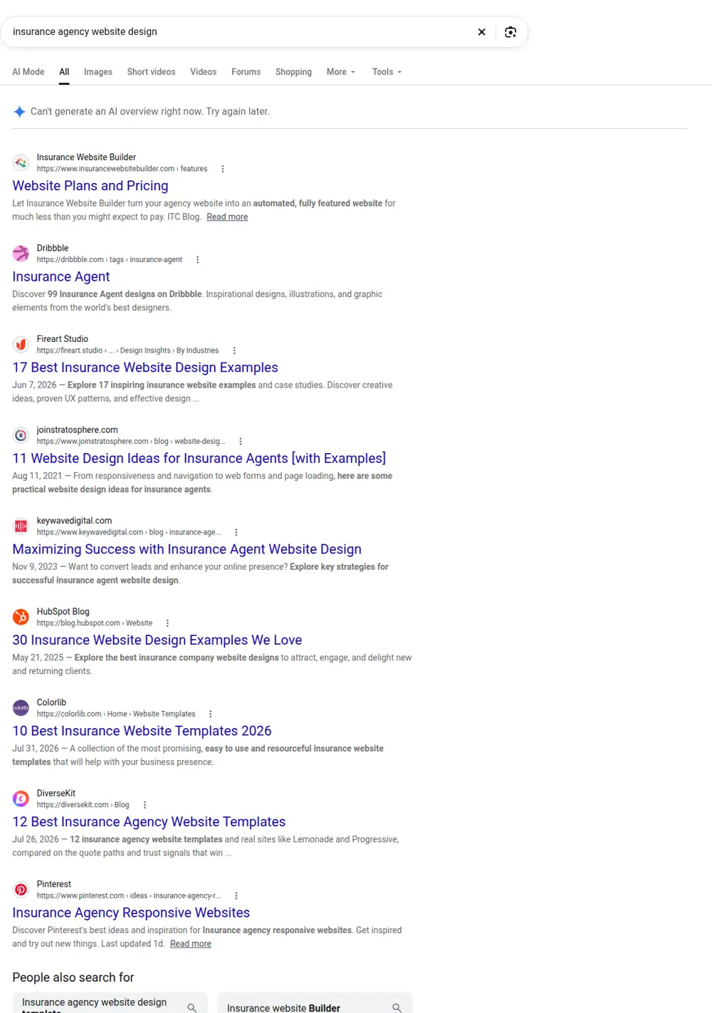 Top Google results for insurance agency website design, searched from United States