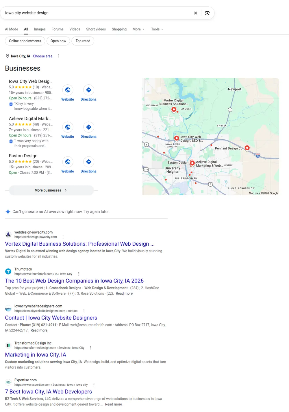Top Google results for iowa city website design, searched from Iowa City, Iowa