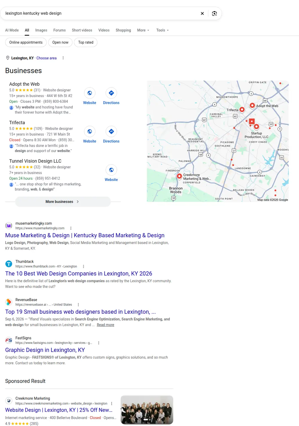Top Google results for lexington kentucky web design, searched from Lexington, Kentucky