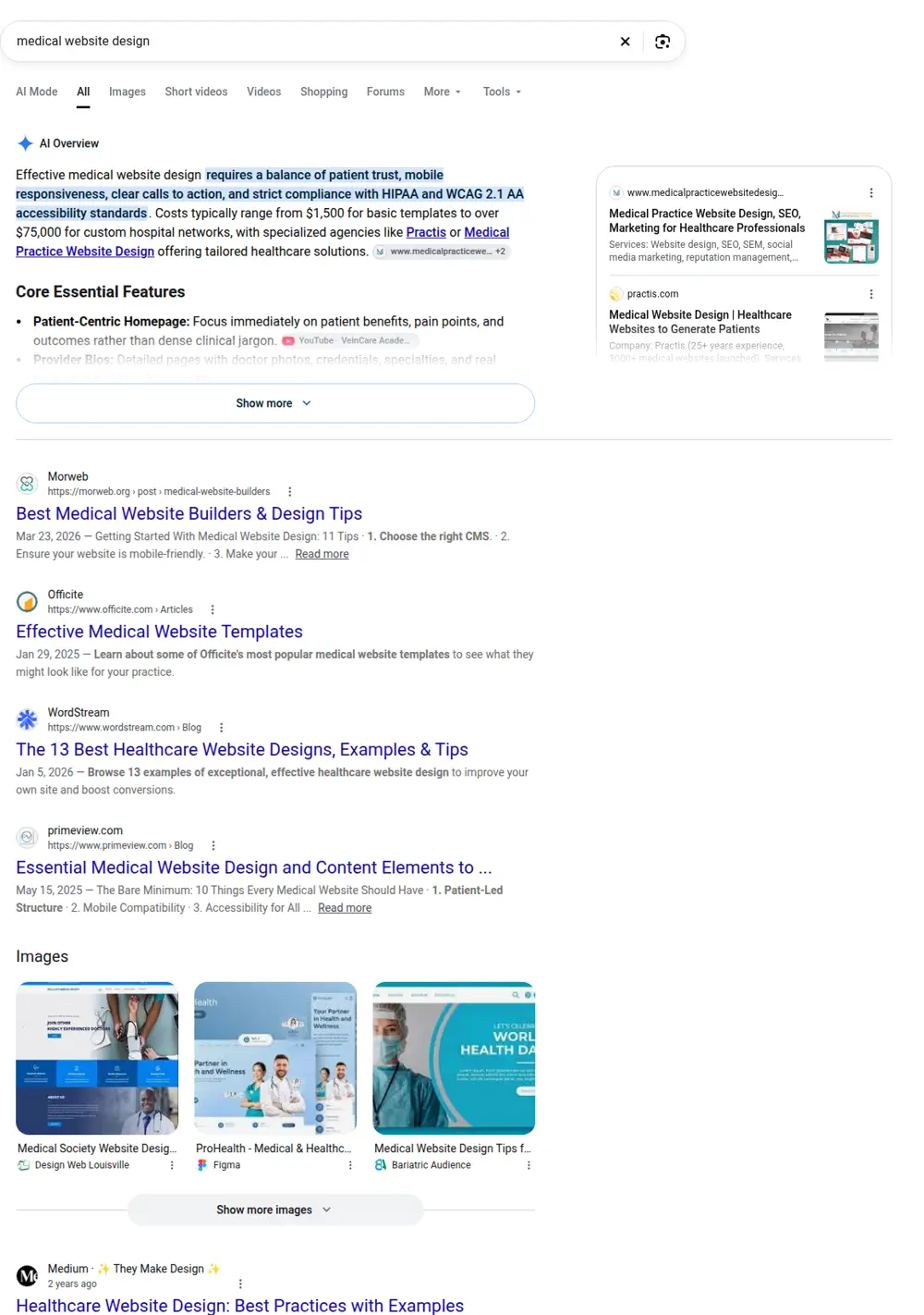 Top Google results for medical website design, searched from United States