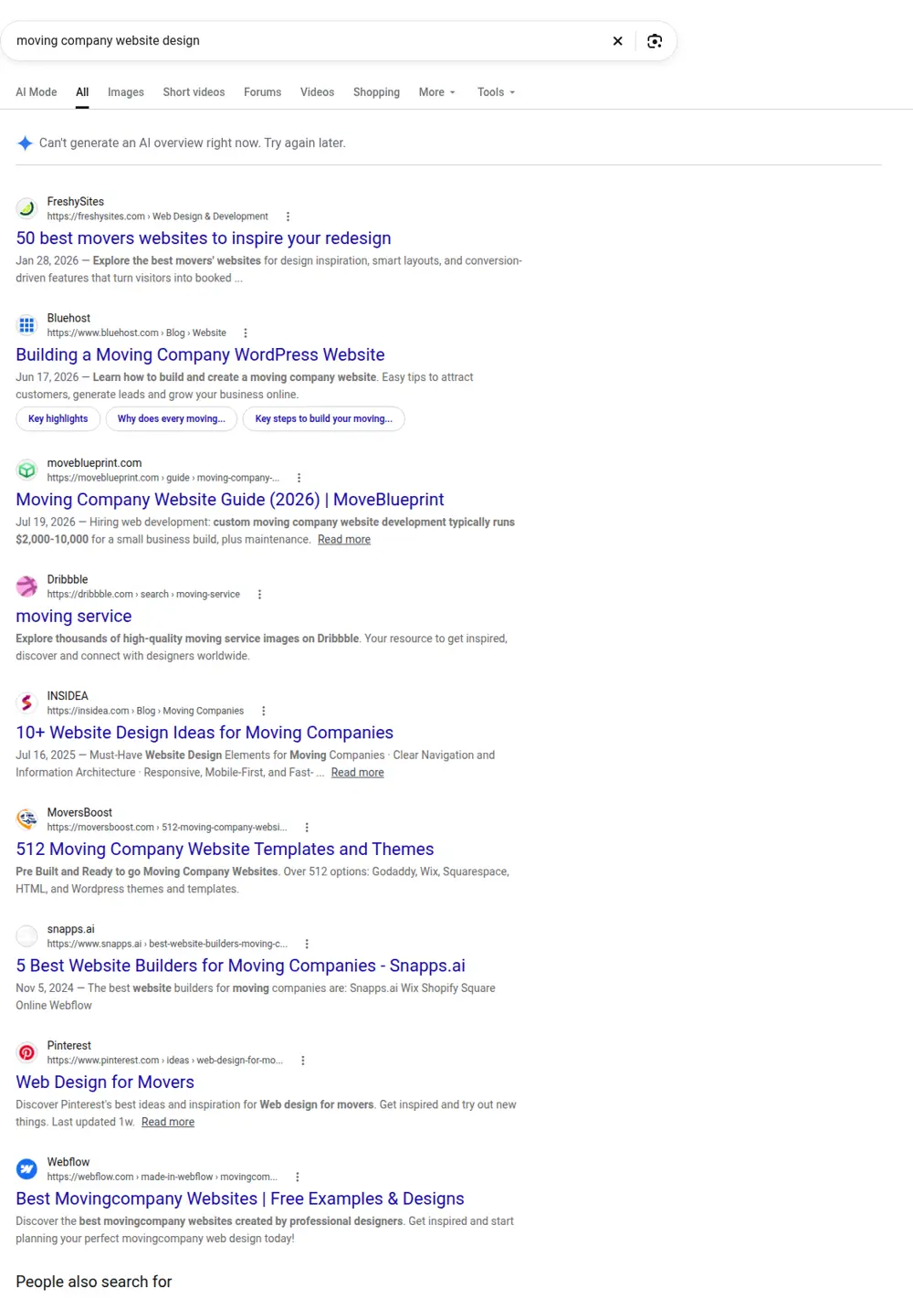 Top Google results for moving company website design, searched from United States