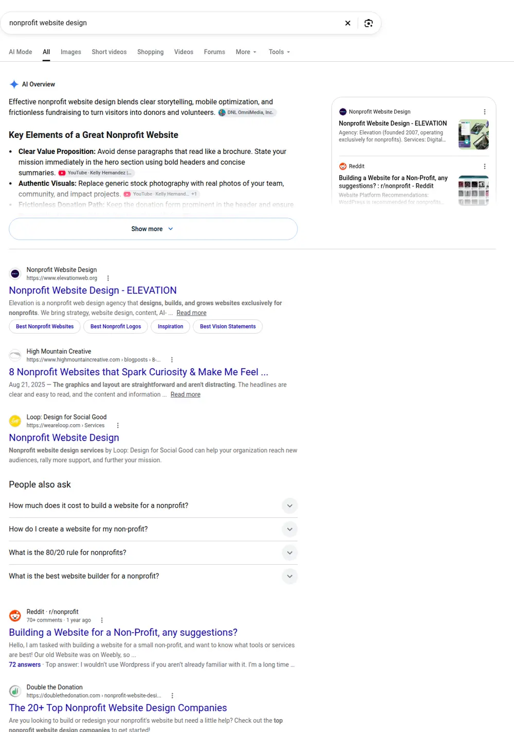 Top Google results for nonprofit website design, searched from United States