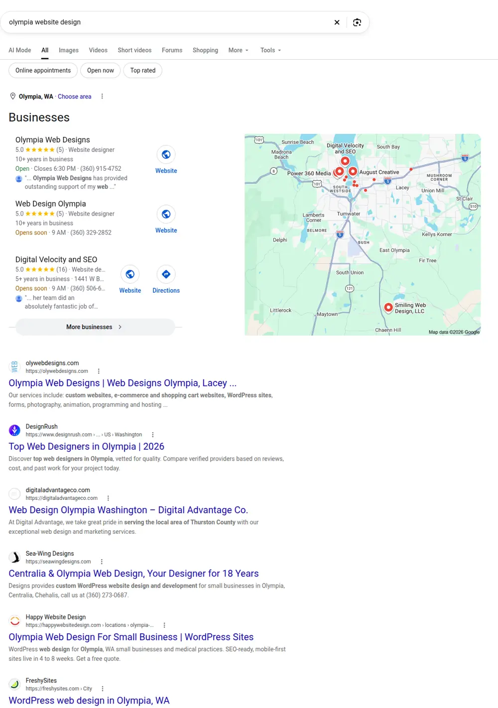 Top Google results for olympia website design, searched from Olympia, Washington