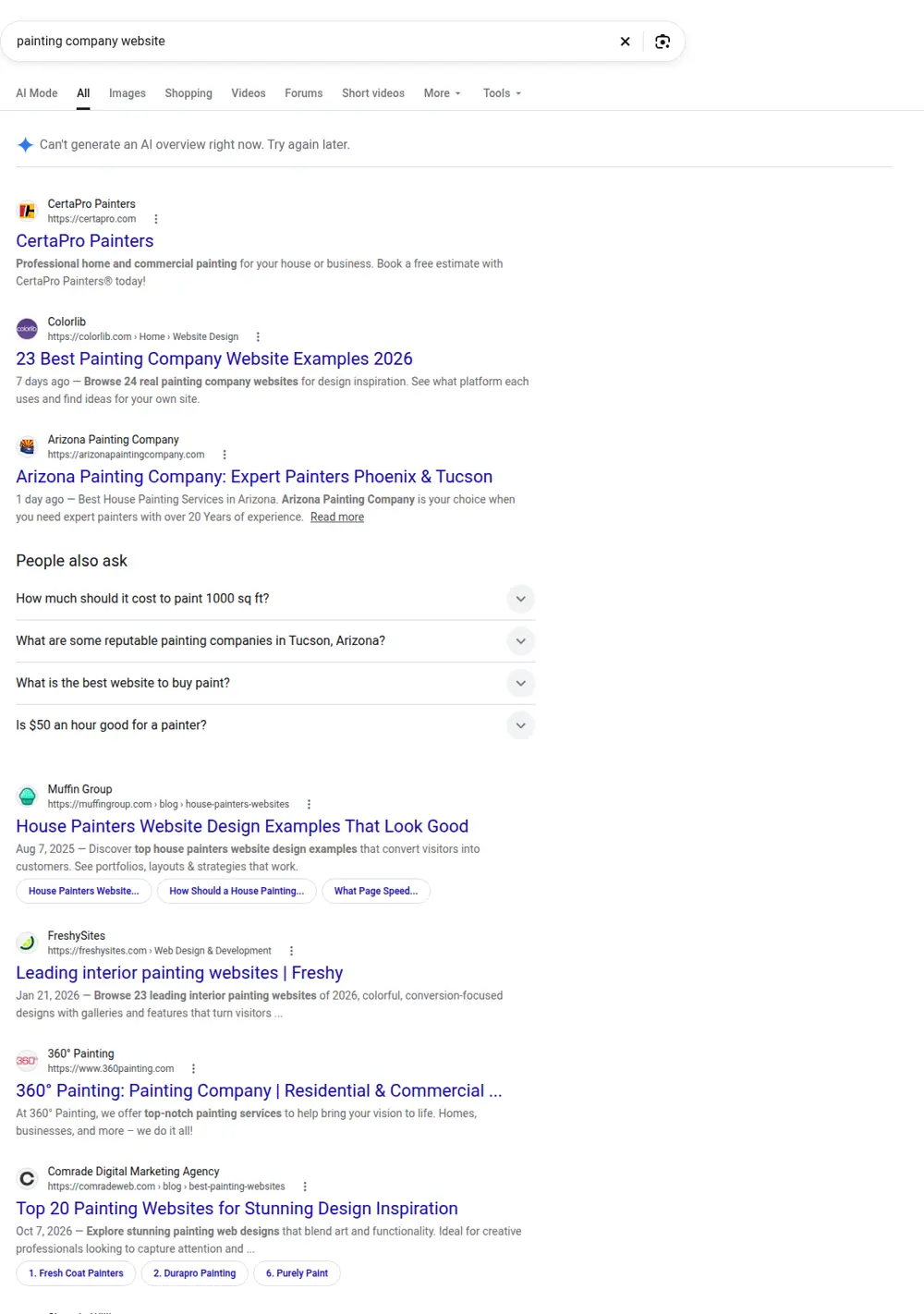 Top Google results for painting company website, searched from United States