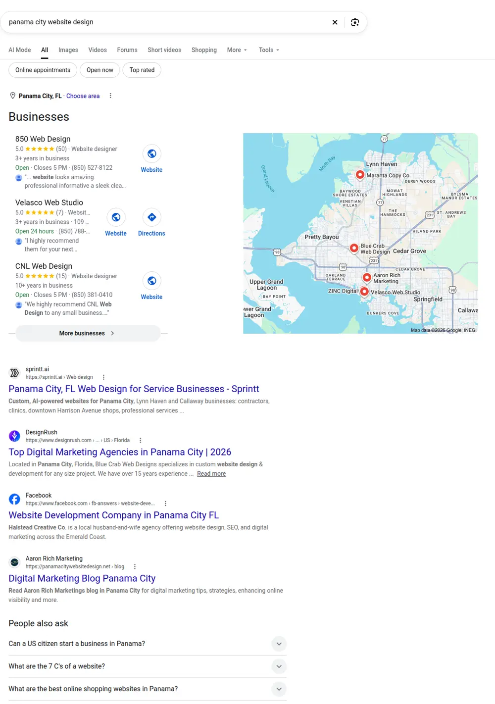 Top Google results for panama city website design, searched from Panama City, Florida