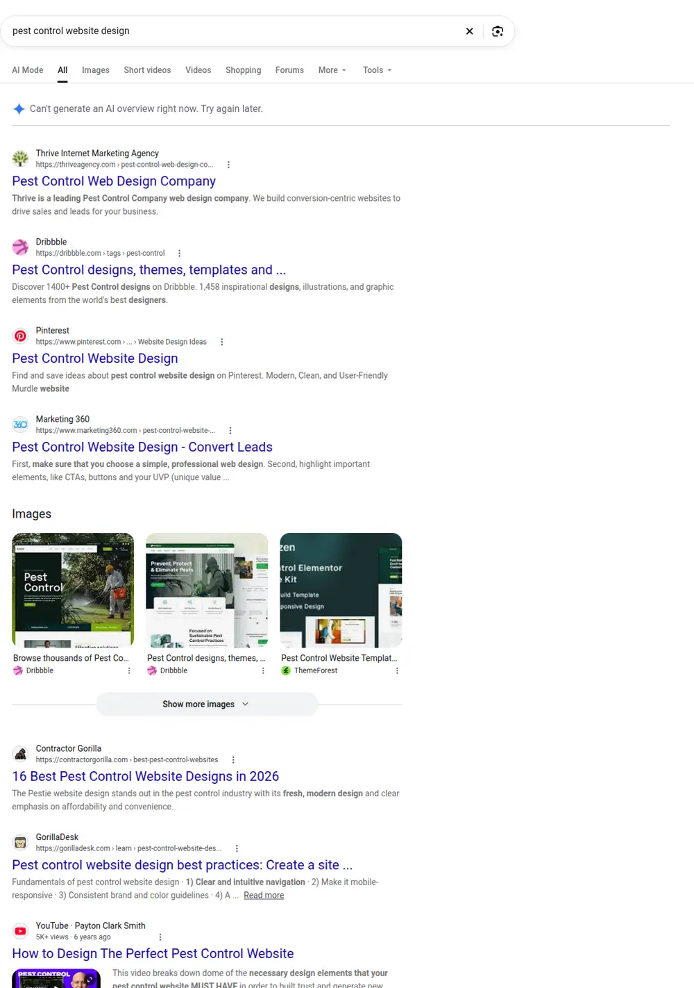 Top Google results for pest control website design, searched from United States