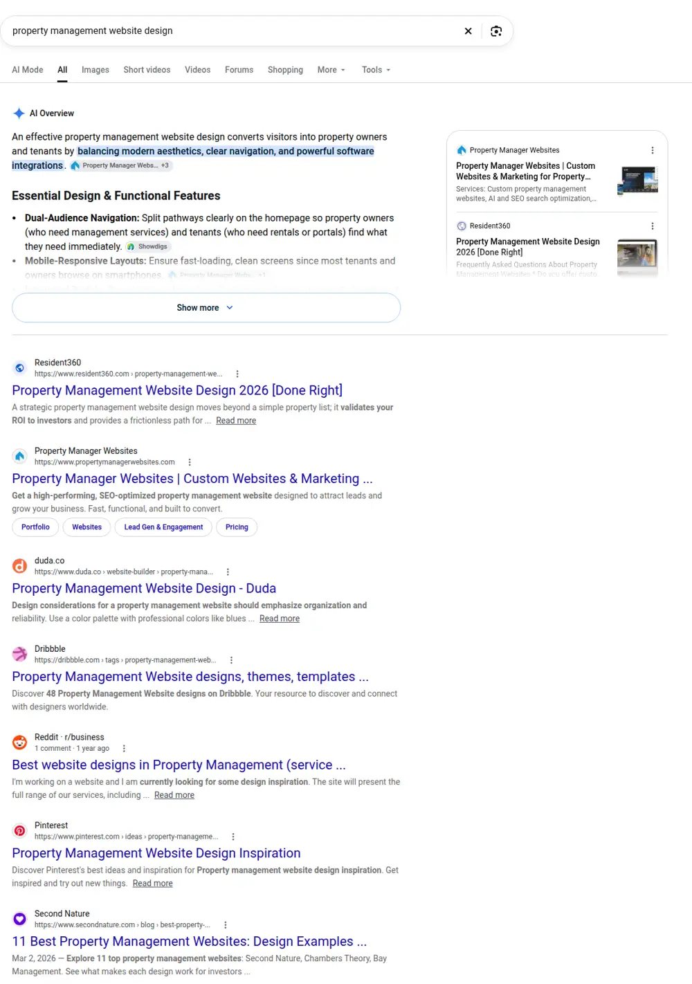 Top Google results for property management website design, searched from United States
