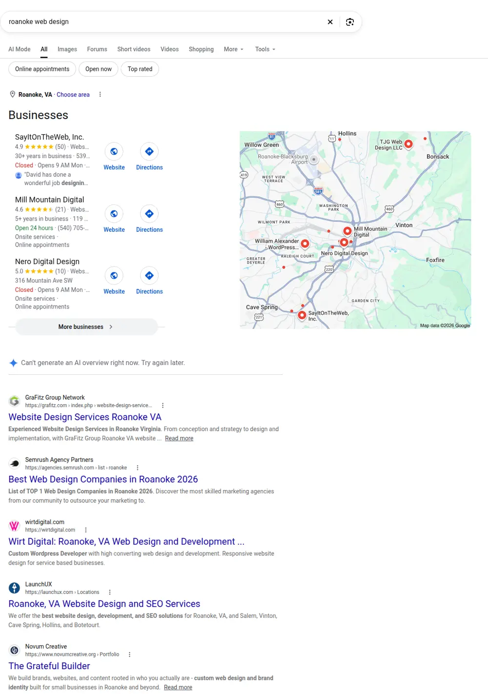 Top Google results for roanoke web design, searched from Roanoke, Virginia