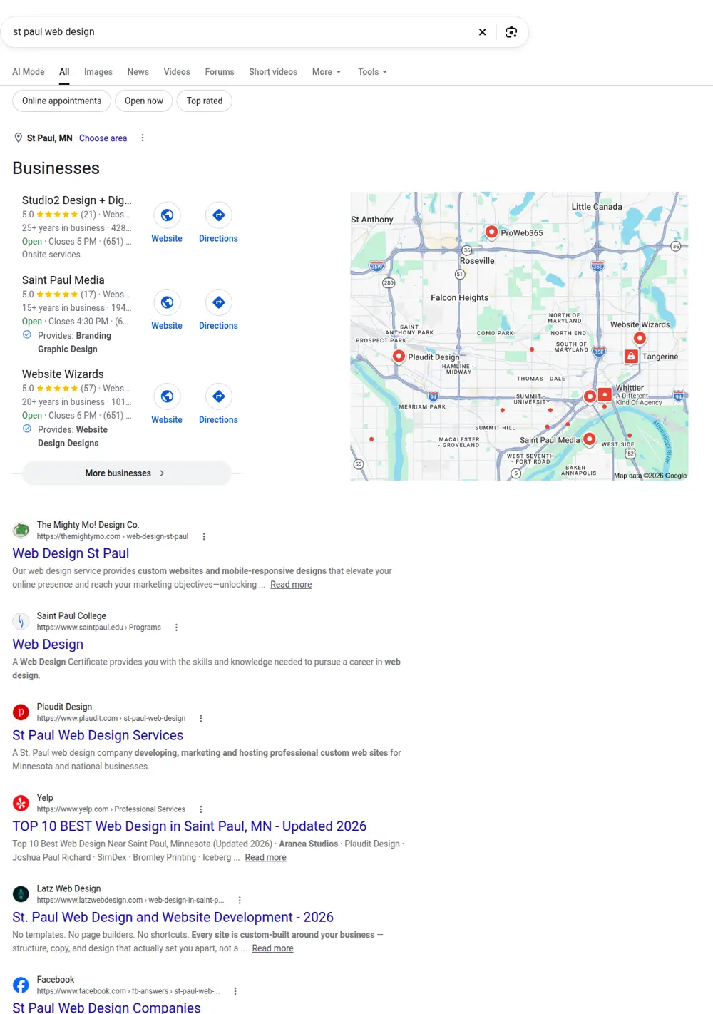 Top Google results for st paul web design, searched from Saint Paul, Minnesota