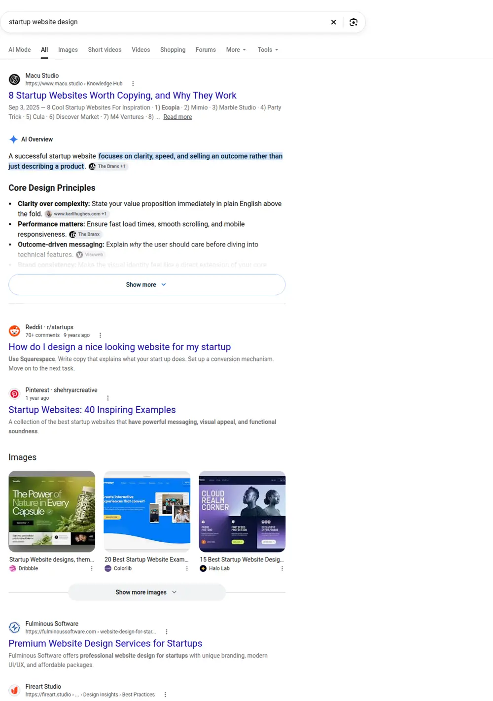 Top Google results for startup website design, searched from United States
