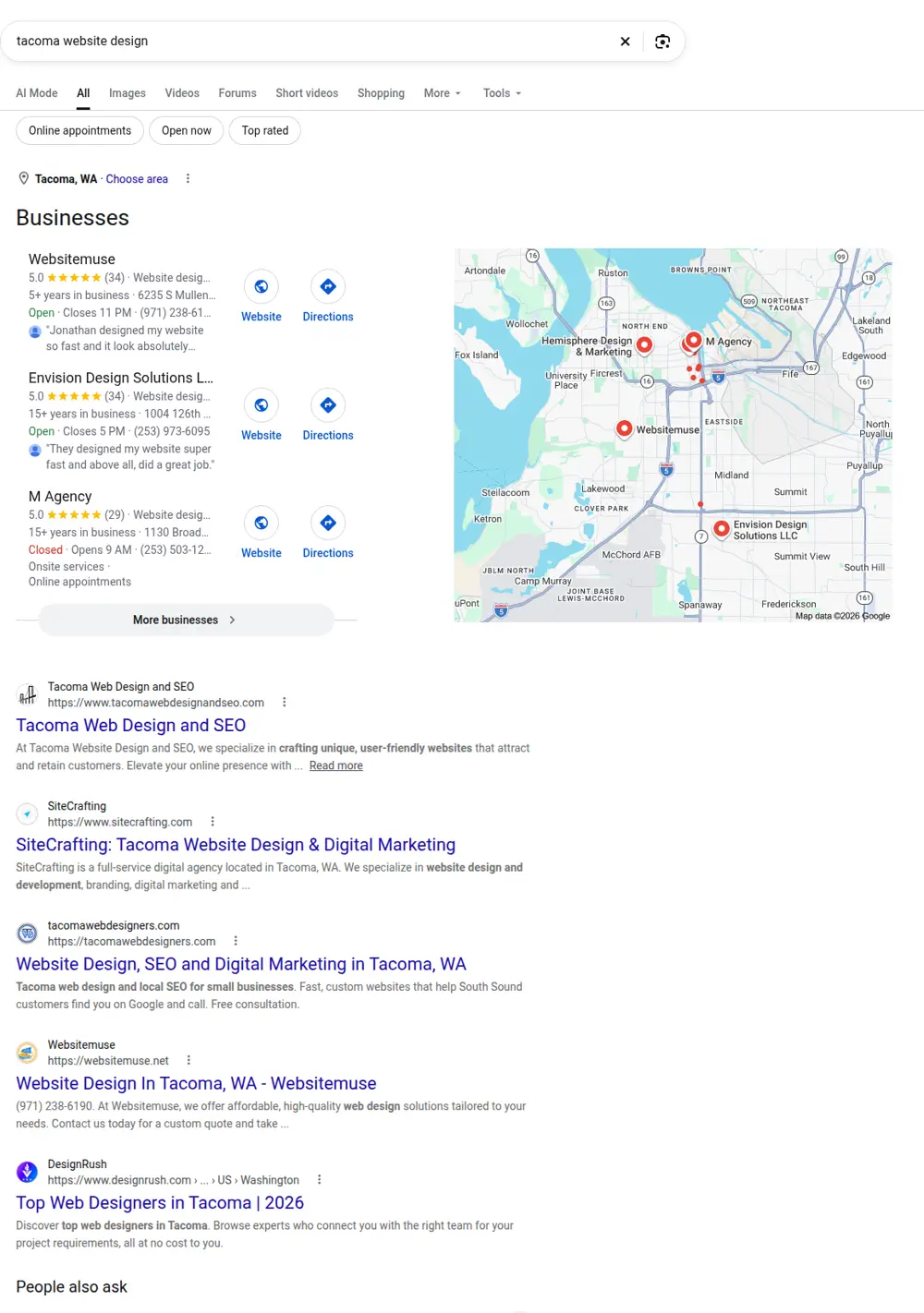 Top Google results for tacoma website design, searched from Tacoma, Washington