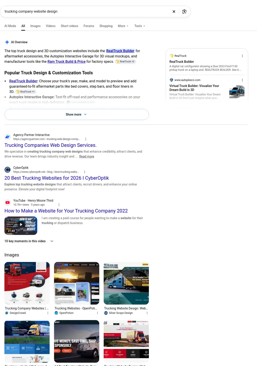Top Google results for trucking company website design, searched from United States