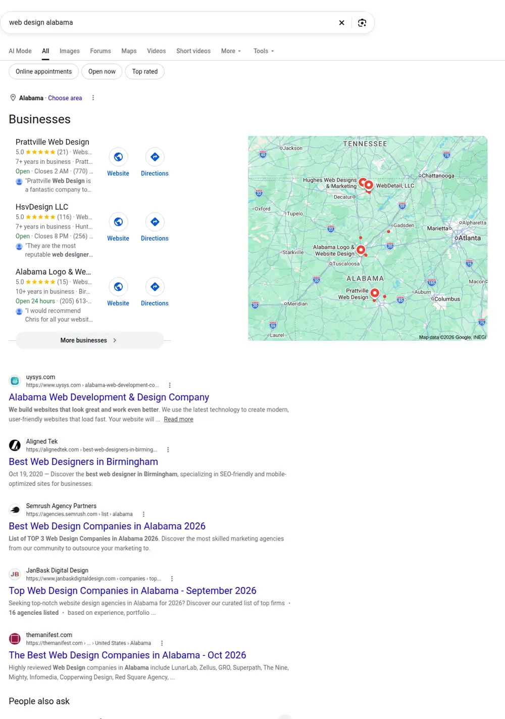Top Google results for web design alabama, searched from Alabama