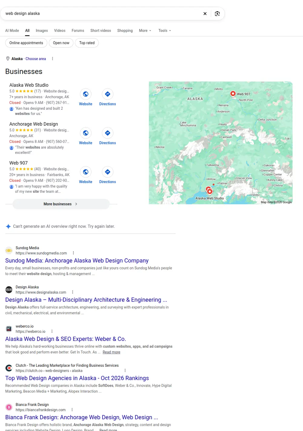 Top Google results for web design alaska, searched from Alaska