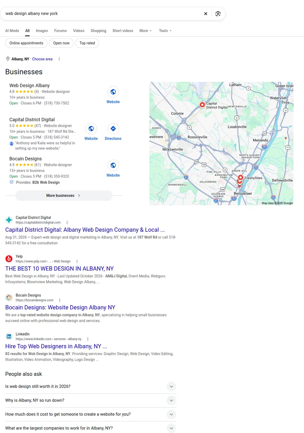 Top Google results for web design albany new york, searched from Albany, New York