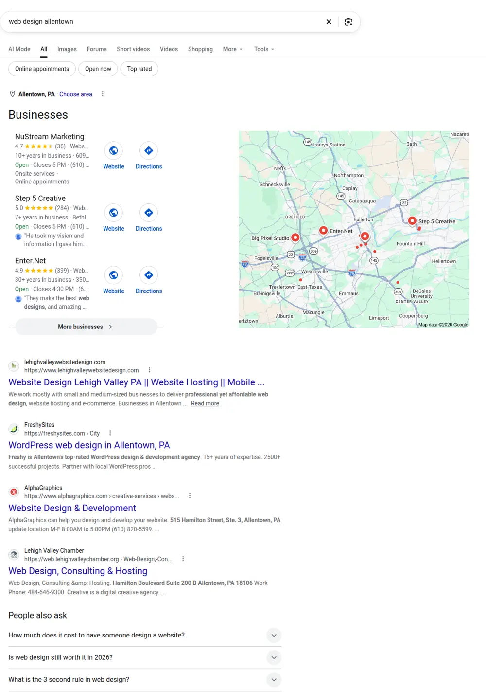 Top Google results for web design allentown, searched from Allentown, Pennsylvania