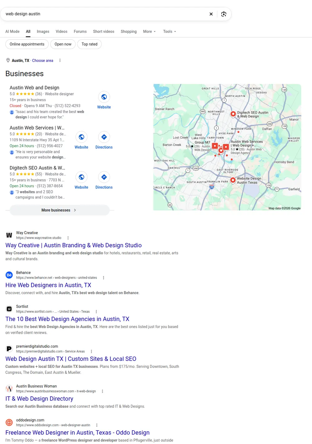 Top Google results for web design austin, searched from Austin, Texas