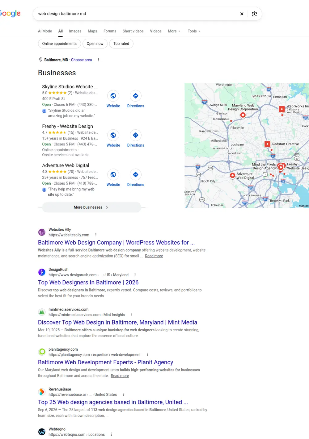 Top Google results for web design baltimore md, searched from Baltimore, Maryland