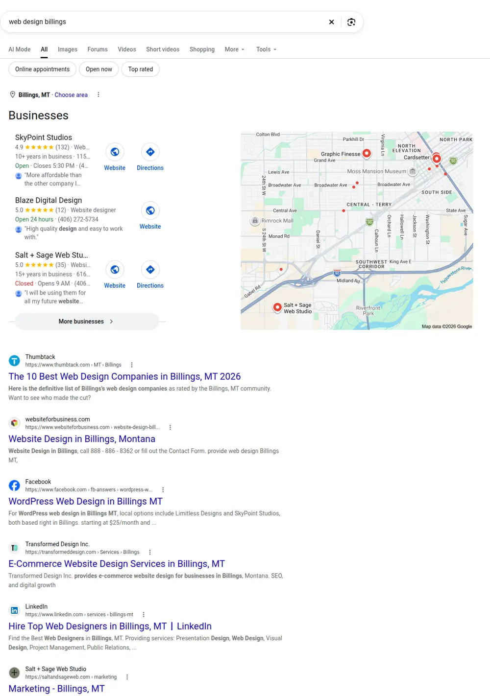 Top Google results for web design billings, searched from Billings, Montana