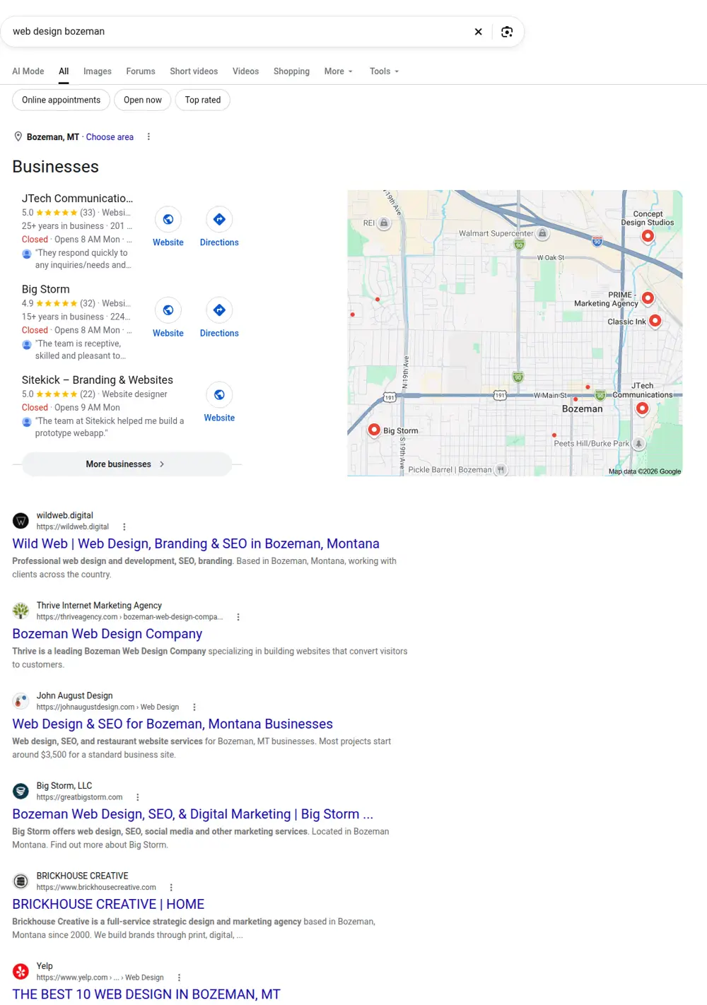 Top Google results for web design bozeman, searched from Bozeman, Montana