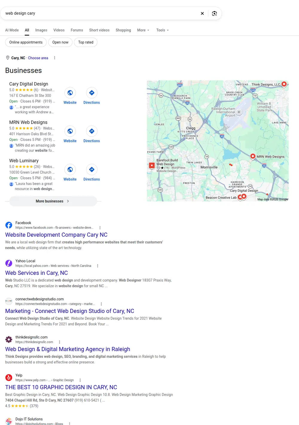 Top Google results for web design cary, searched from Cary, North Carolina