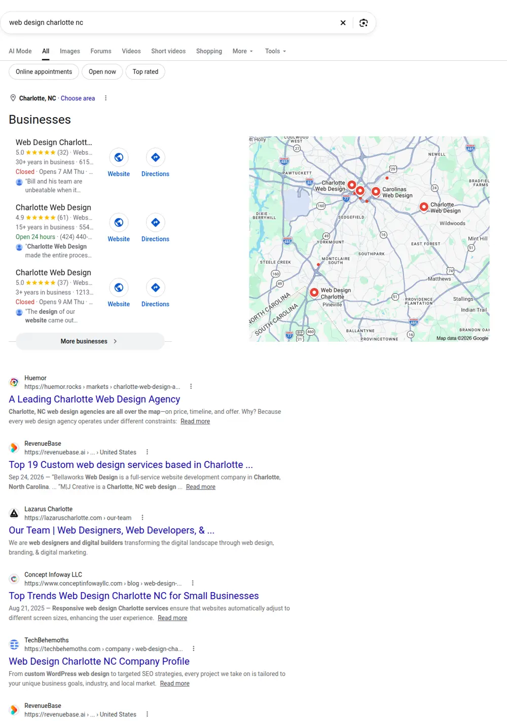 Top Google results for web design charlotte nc, searched from Charlotte, North Carolina