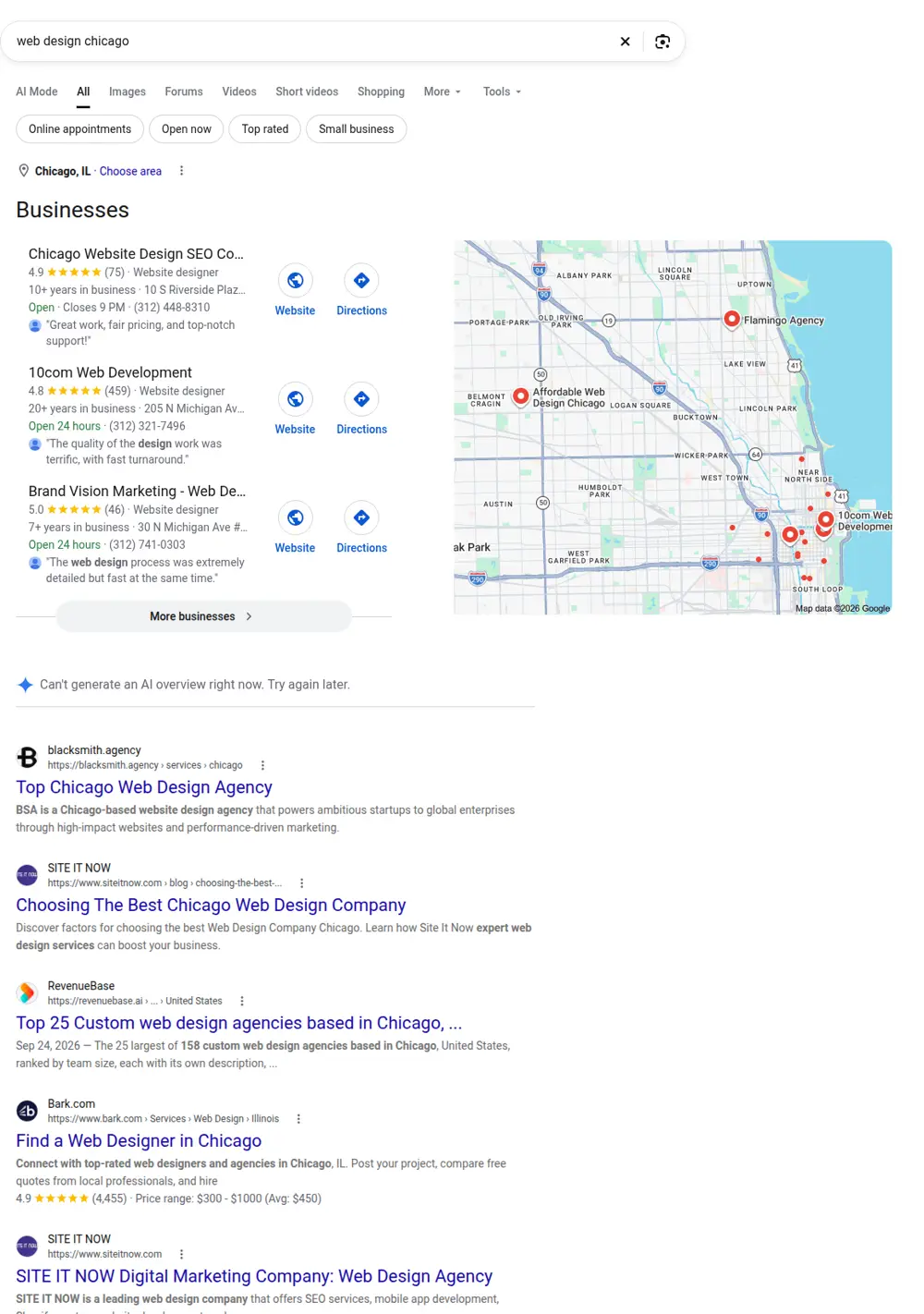 Top Google results for web design chicago, searched from Chicago, Illinois