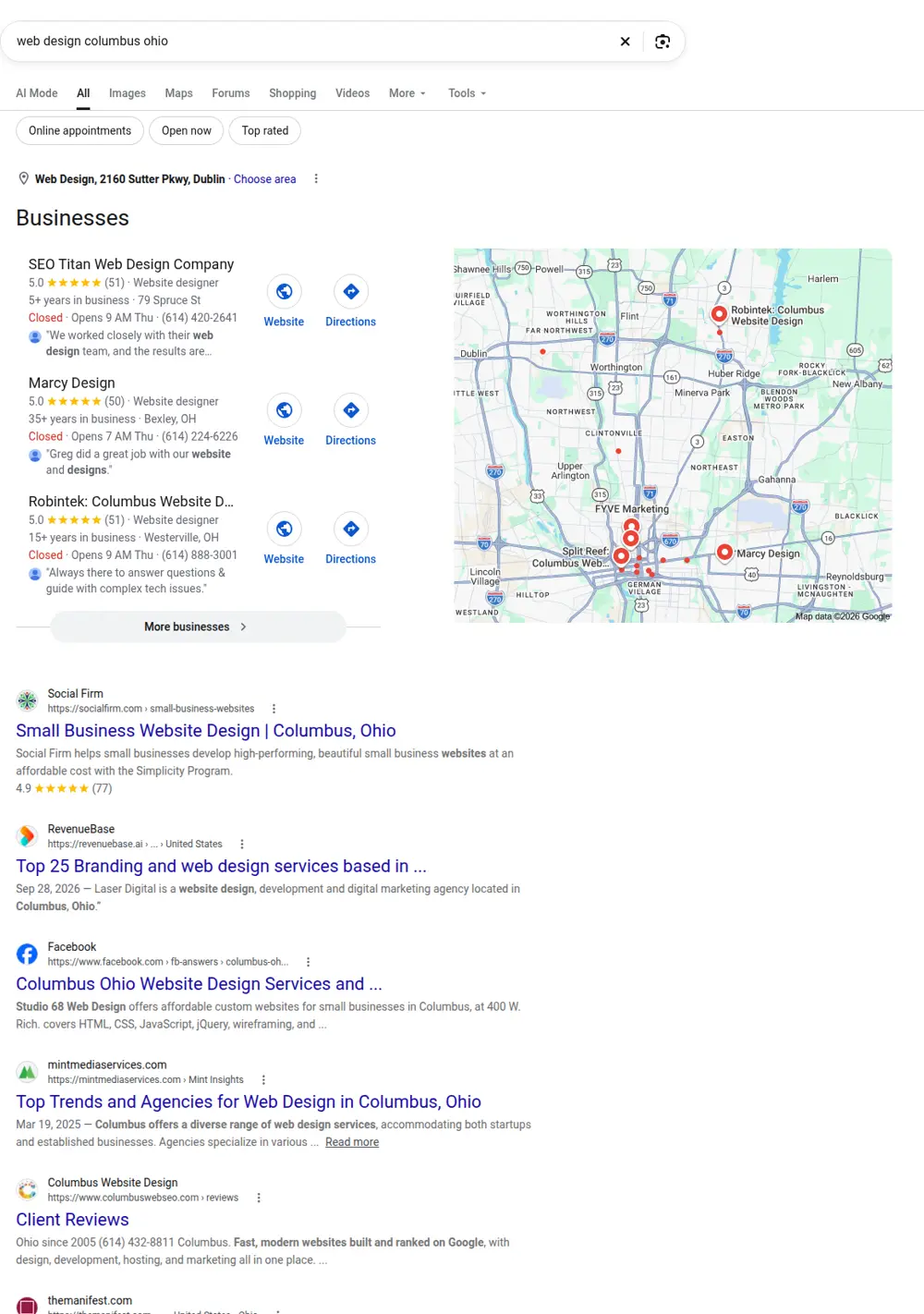 Top Google results for web design columbus ohio, searched from Columbus, Ohio