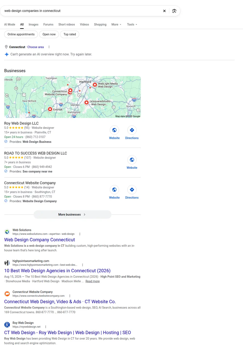Top Google results for web design companies in connecticut, searched from Connecticut