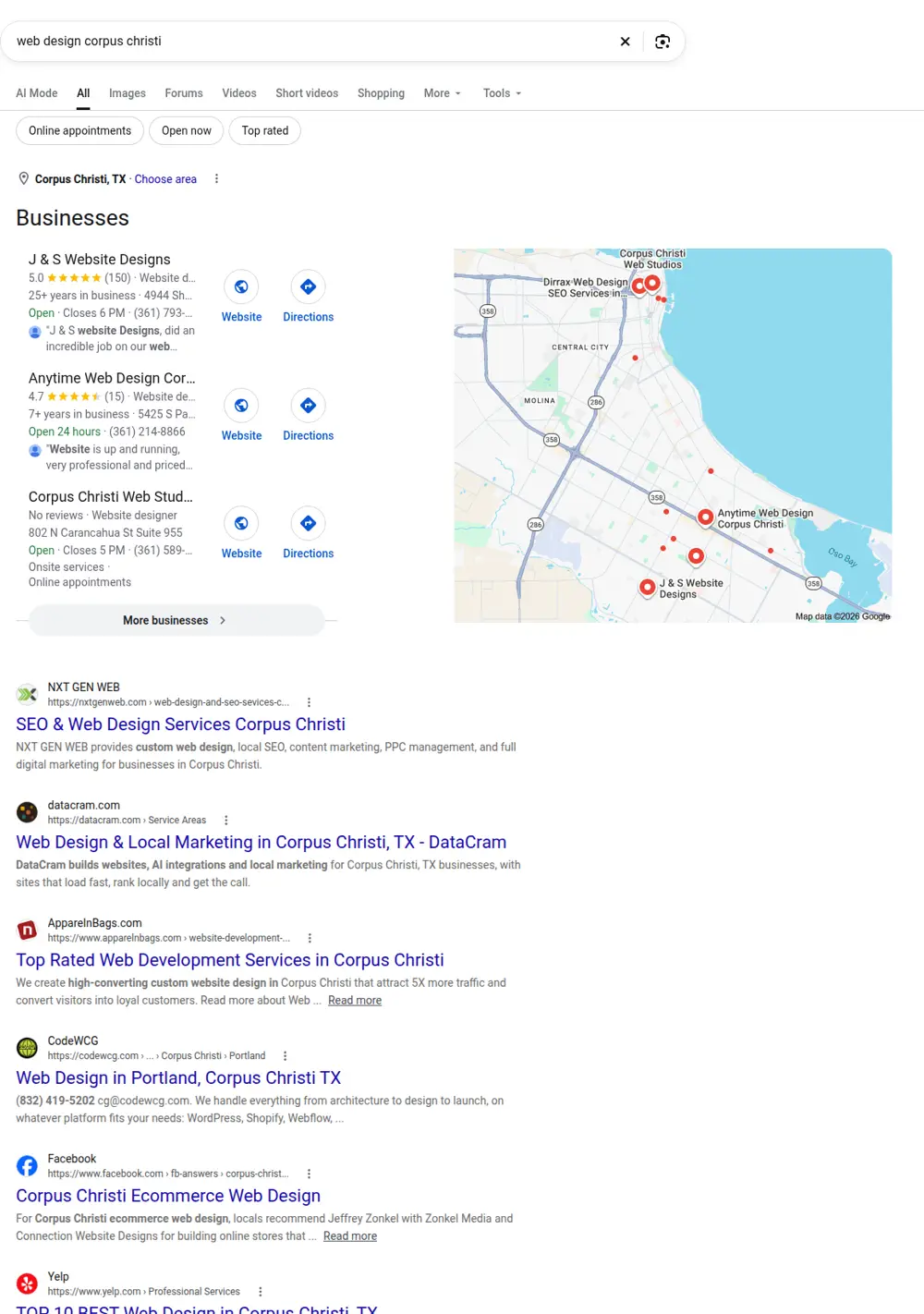 Top Google results for web design corpus christi, searched from Corpus Christi, Texas
