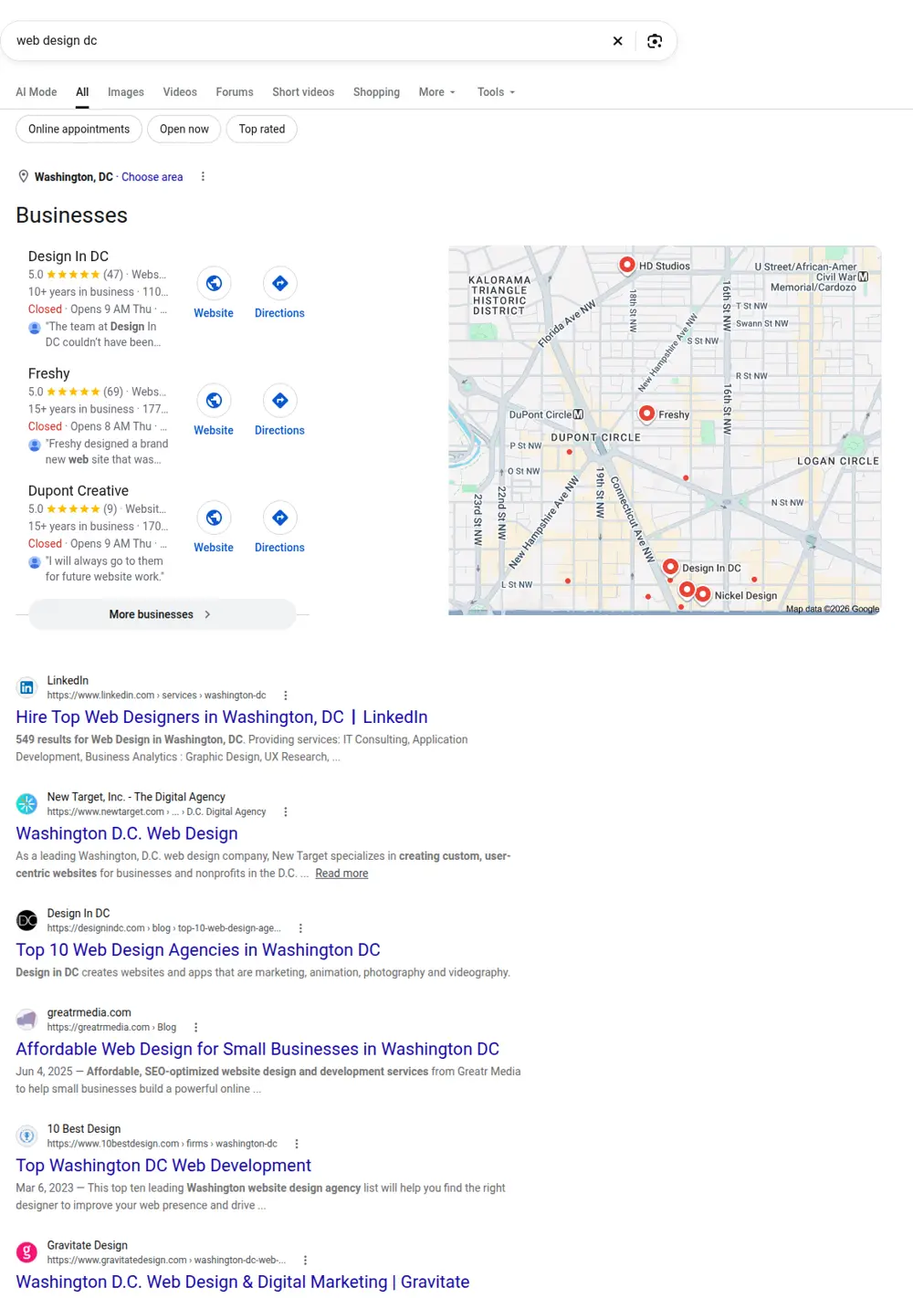 Top Google results for web design dc, searched from Washington, District of Columbia
