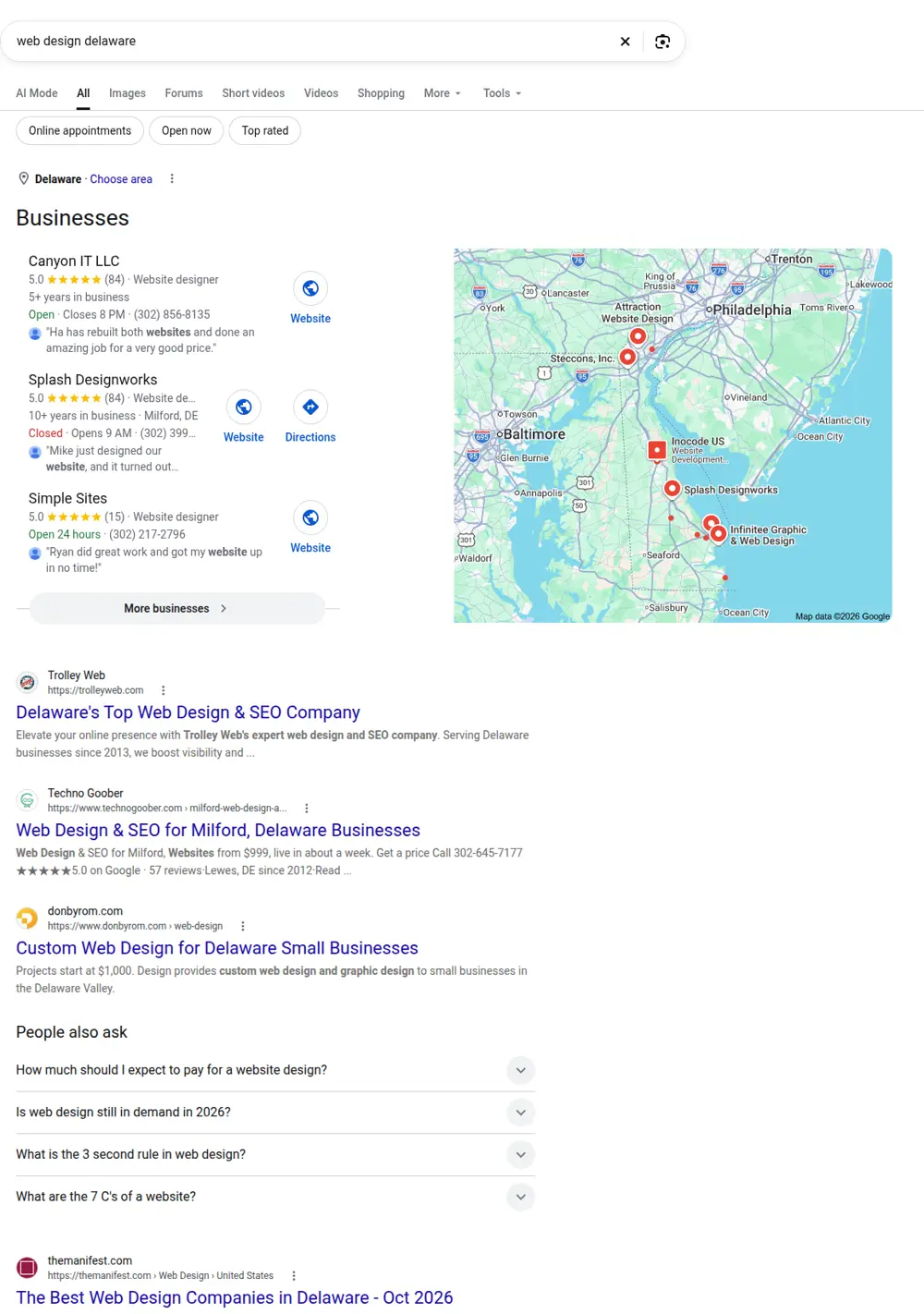 Top Google results for web design delaware, searched from Delaware