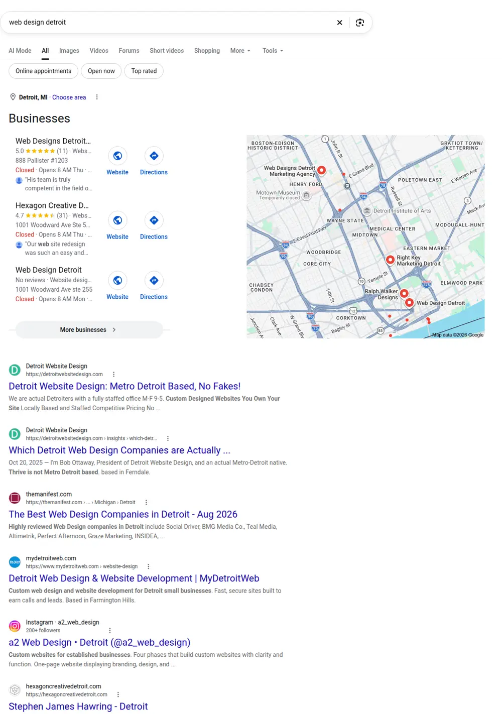 Top Google results for web design detroit, searched from Detroit, Michigan
