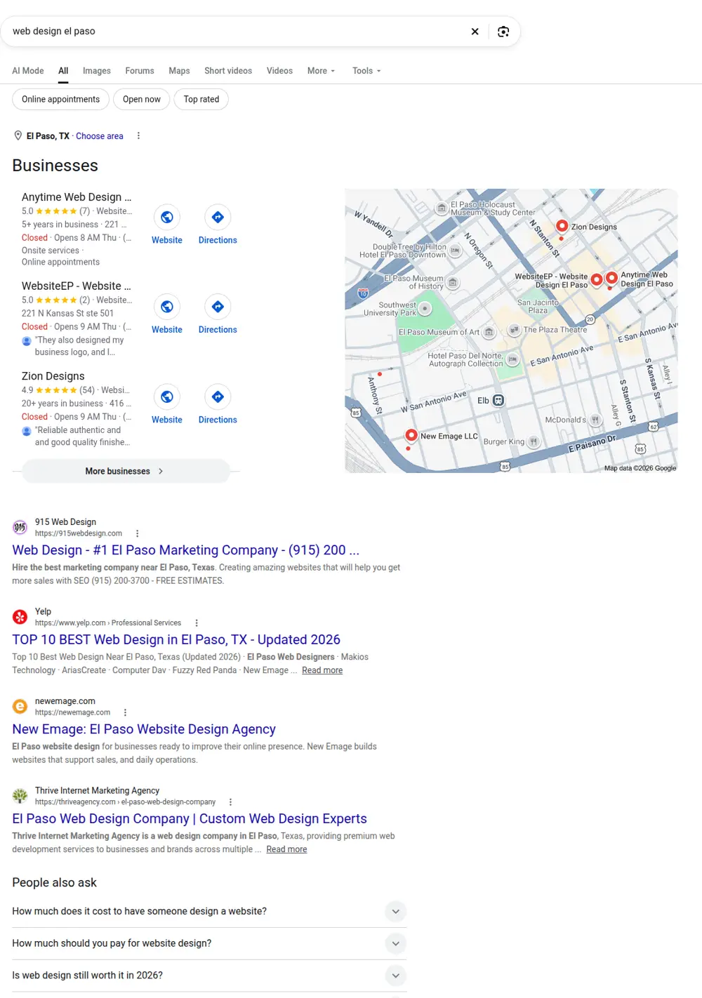 Top Google results for web design el paso, searched from El Paso, Texas