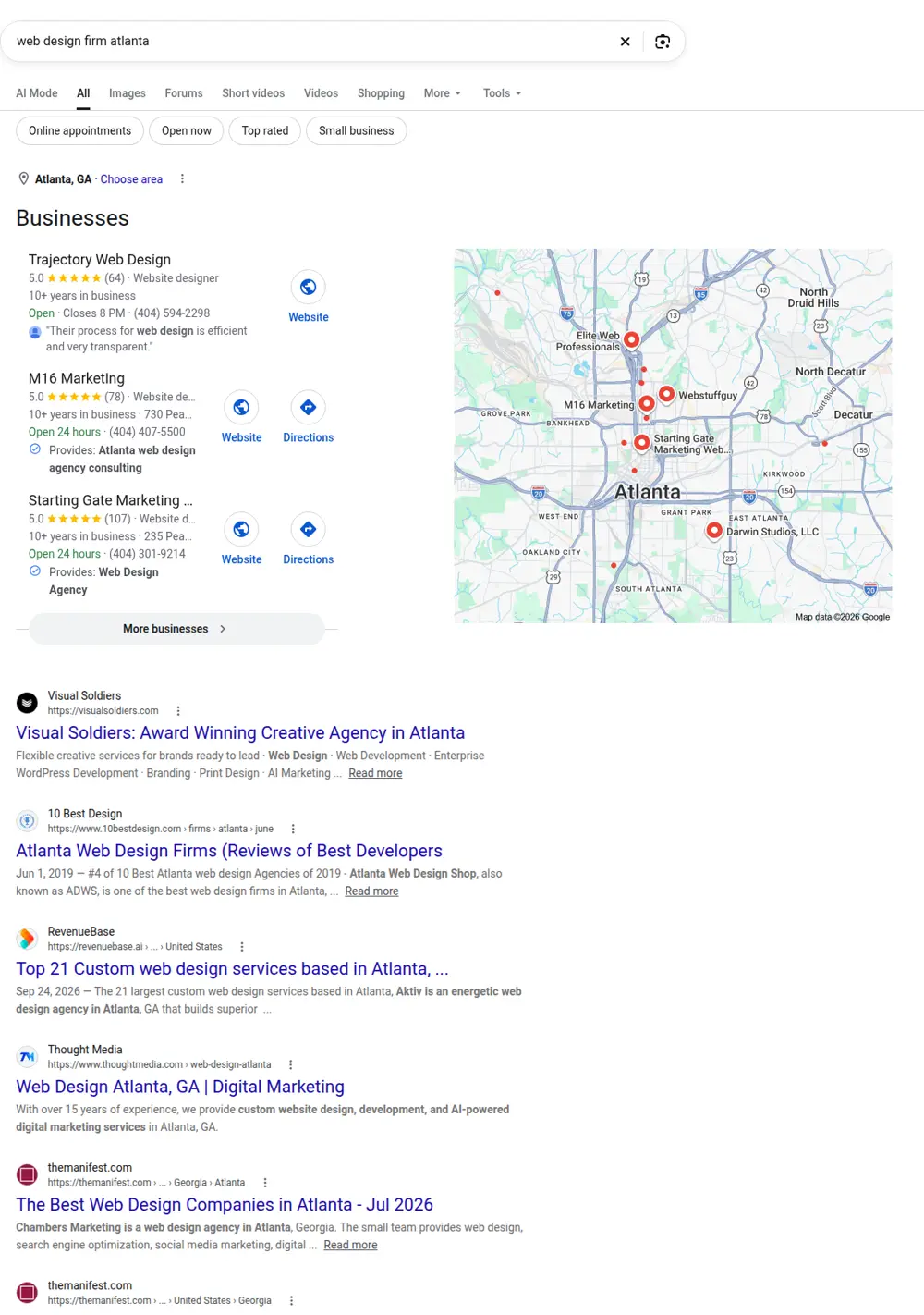 Top Google results for web design firm atlanta, searched from Atlanta, Georgia