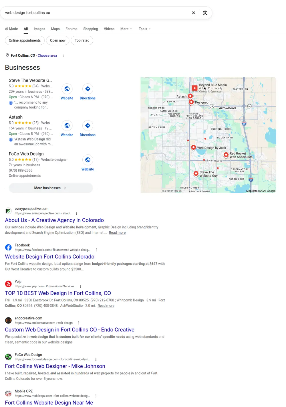 Top Google results for web design fort collins co, searched from Fort Collins, Colorado