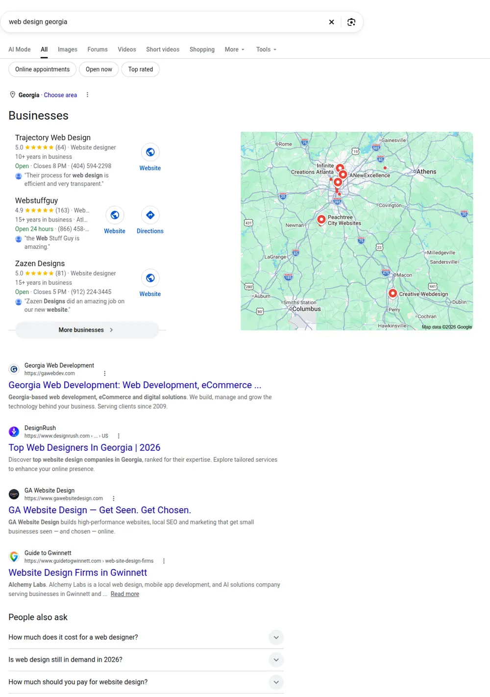 Top Google results for web design georgia, searched from Georgia