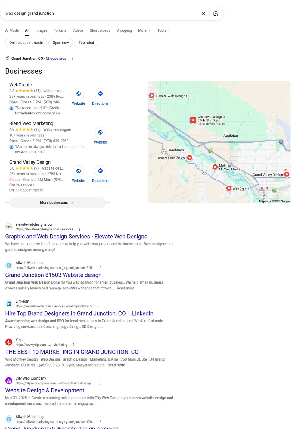 Top Google results for web design grand junction, searched from Grand Junction, Colorado