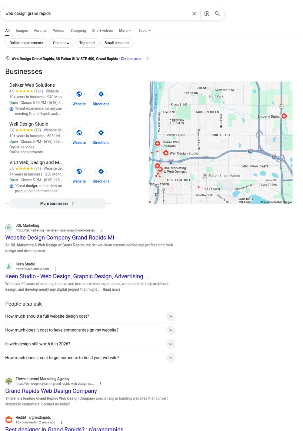 Top Google results for web design grand rapids, searched from Grand Rapids, Michigan