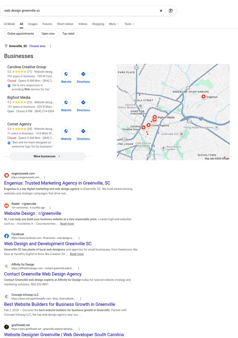 Top Google results for web design greenville sc, searched from Greenville, South Carolina